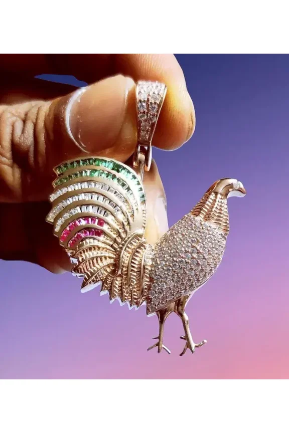 2 CT Round Cut Simulated Multicolor Diamond Rooster Pendant 14K Rose Gold Plated 925 Sterling Silver