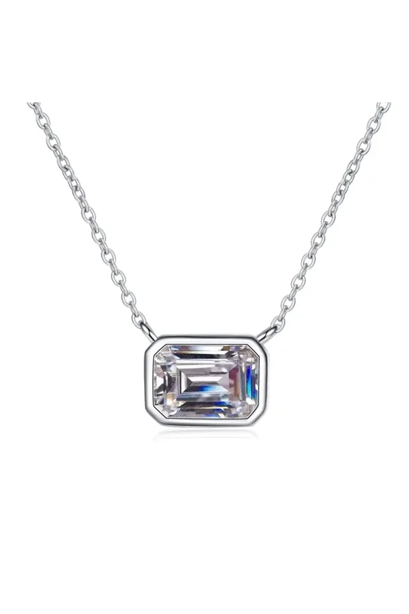 2 Ct Emerald Cut Bezel Set Solitaire Moissanite Pendant Necklace 925 Sterling Silver White Gold Plated