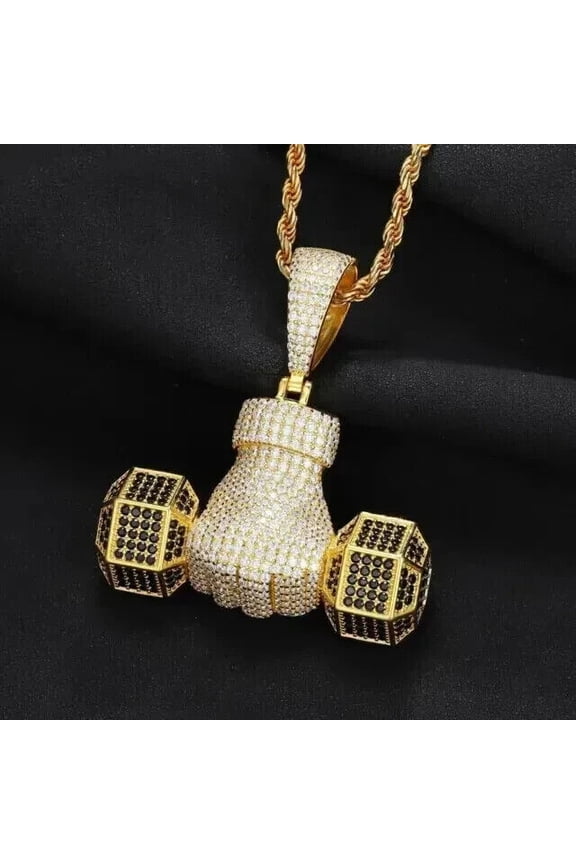 2 Ct Round Cut Simulated Diamond Dumbbell Men's Pendant Necklace With 18" Chain 14K Yellow Gold Plated Silver