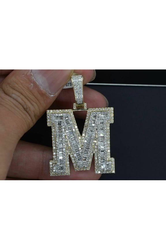2Ct Baguette Cut Lab-Created Diamond ''M'' Letter Initial Pendant 14K Yellow Gold Plated