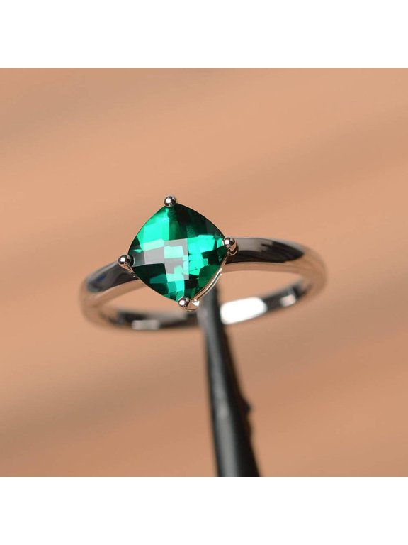 2Ct Cushion Cut Lab-Created Green Emerald Solitaire Engagement Ring 14K White Gold Plated