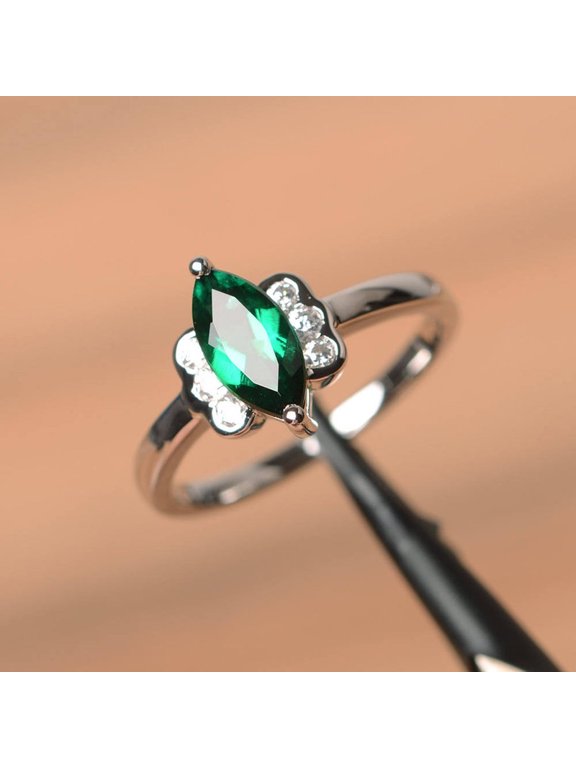 2Ct Marquise Cut Lab-Created Green Emerald Solitaire Engagement Ring 14K White Gold Plated
