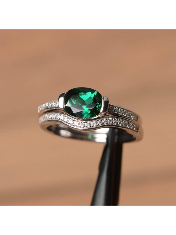 2Ct Oval Cut Lab-Created Green Emerald Bridal Engagement Ring Set 14K White Gold Plated