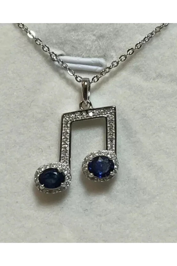 2Ct Oval Lab Created Blue Sapphire Musical Note Symbol Pendant 14K White Gold Plated