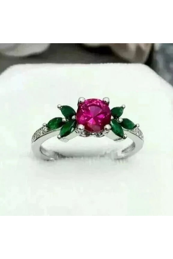 2Ct Round Cut Lab-Created Red Ruby Wedding Engagement Ring 14K White Gold Plated