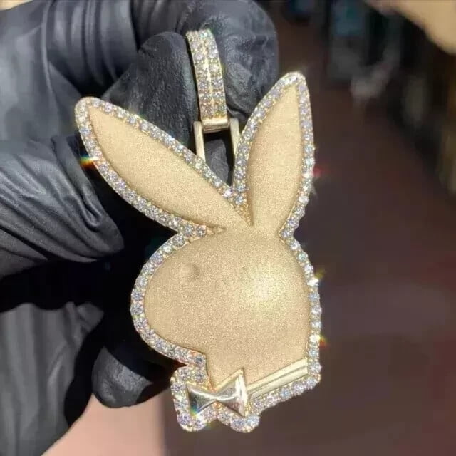 Aishvi Jewels 2Ct Round Cut Real Moissanite Playboy Bunny Pendant Necklaces 14K Yellow Gold Plated