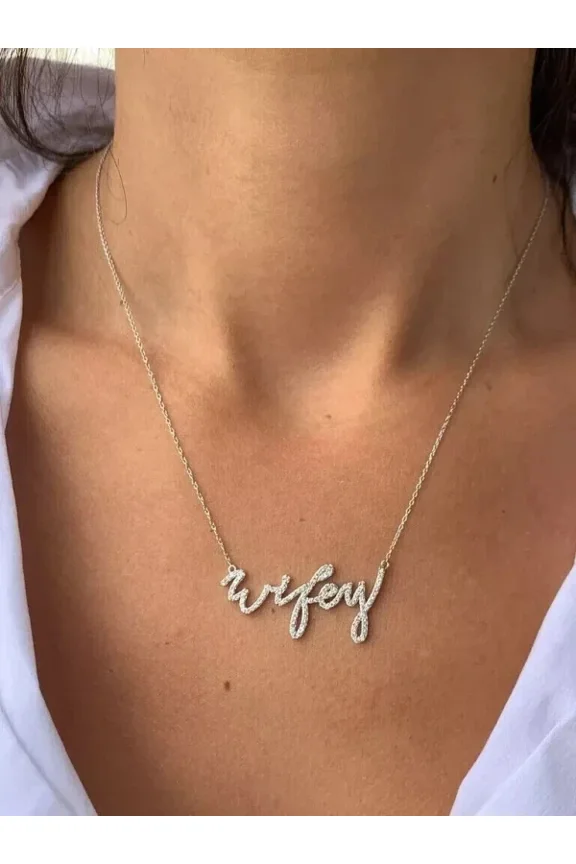 2Ct Round Cut Simulated Diamond Cursive Wifey Pendant In 14k White Gold Plated