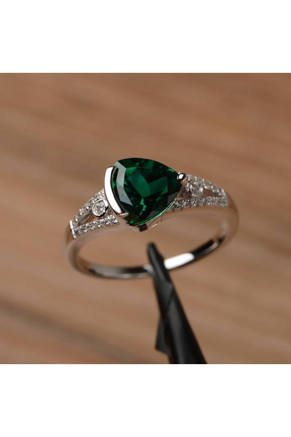 2Ct Trillion Cut Lab-Created Green Emerald Three Stone Engagement Ring 14K White Gold Plated