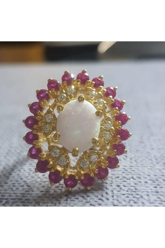 2Ct oval cut multi color fire opal and red ruby flower halo engagement ring 14 k yellow gold finish gift for her