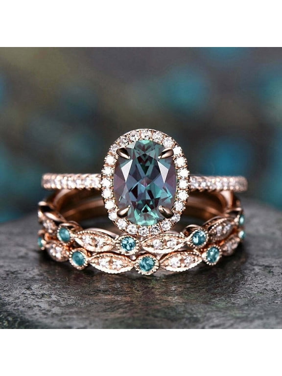 3.00Ct Oval Cut Lab Created Alexandrite Bridal Wedding Ring Set 14K Rose Gold Plated