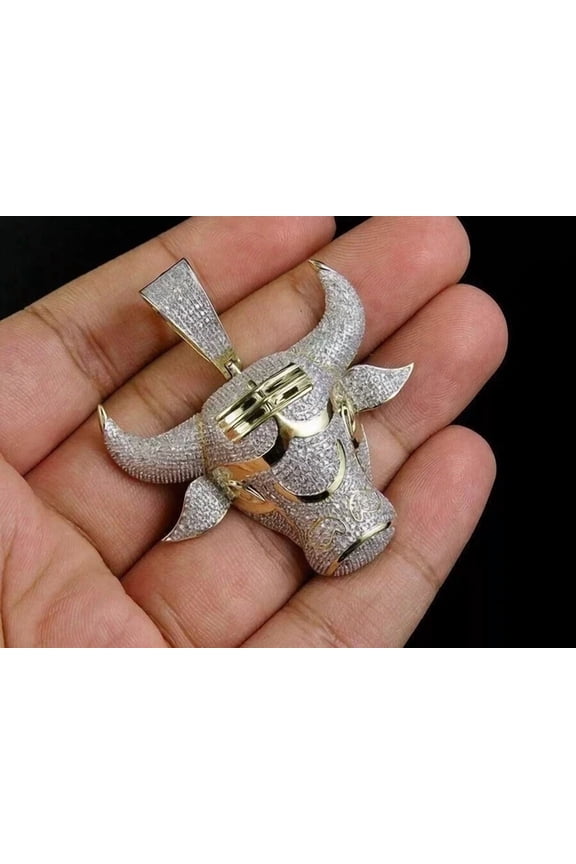 3.20Ct Round Cut Real Moissanite Men's Taurus Bull Pendant 14K Yellow Gold Plated