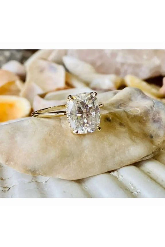 3 Ct Cushion Cut Moissanite Women Solitaire Engagement Ring 14K Yellow Gold Plated 925 sterling Silver