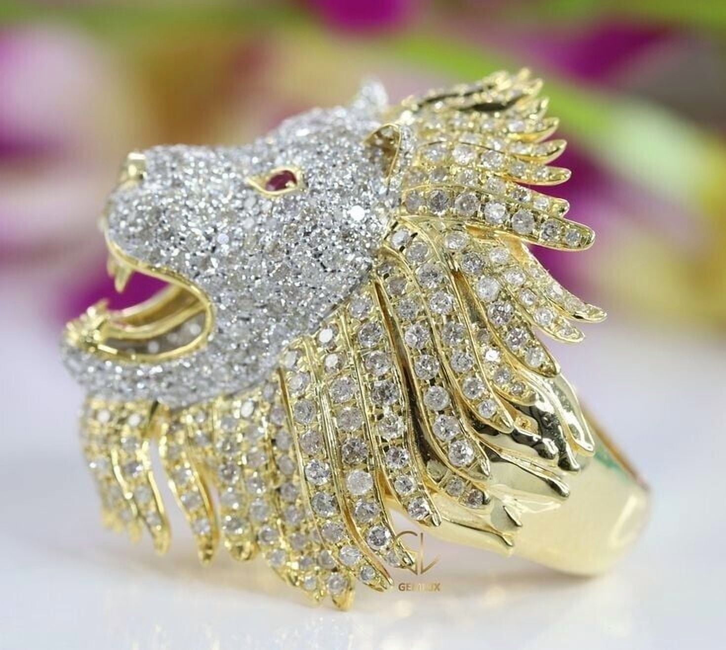 AISHVI JEWELS 3 Ct Round Cut Real Moissanite Men's Lion Head Ring 14K Yellow Gold Plated 925 Sterling Silver