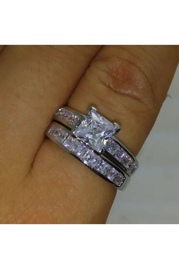 3Ct Princess Cut Lab-Created Diamond Wedding Bridal Ring Set 14K White Gold Plated