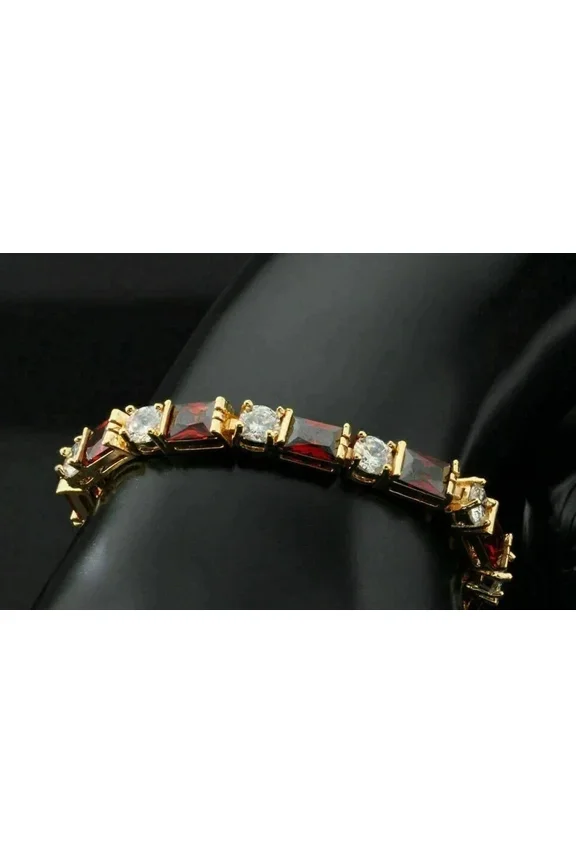 8CT Baguette Cut Lab-Created Garnet Men's Tennis Bracelet 14K Yellow Gold Plated 7.5" 925 Silver