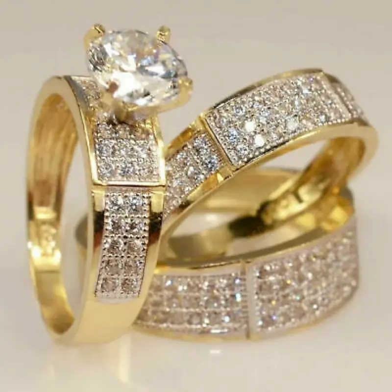 AISHVI JEWELS His Her 3 Ct Round Cut Lab Created Diamond Bridal Engagement Wedding Trio Ring Set 14K Yellow Gold Plated
