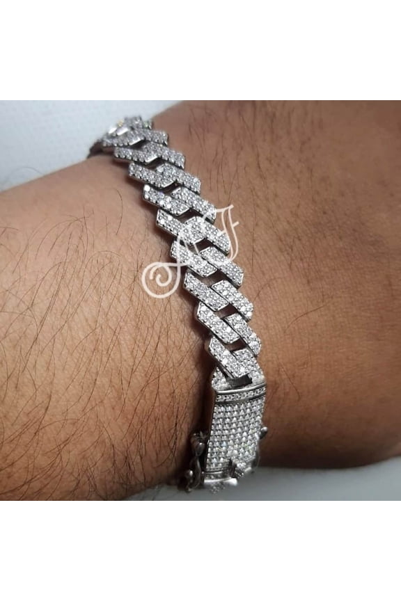 ICED OUT 10MM Bling Prong Miami Paved Rhinestones Prong Cuban Link Chain Bracelet In 14K White Gold Over for Men Women Perfect Birthday Gift