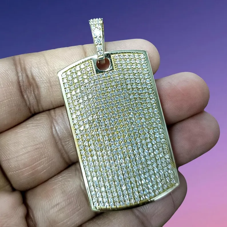 AISHVI JEWELS Men's 2 CT Round Cut Simulated Diamond Dog Tag Charm Pendant 14K Yellow Gold Plated Silver