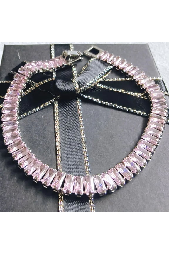 Radiant Baguette Cut CZ Pink Sapphire Lab-Created Spinel Tennis Bracelet 14K White Gold Plated Diamond Bracelet Size 7.5" Inch 925 Silver