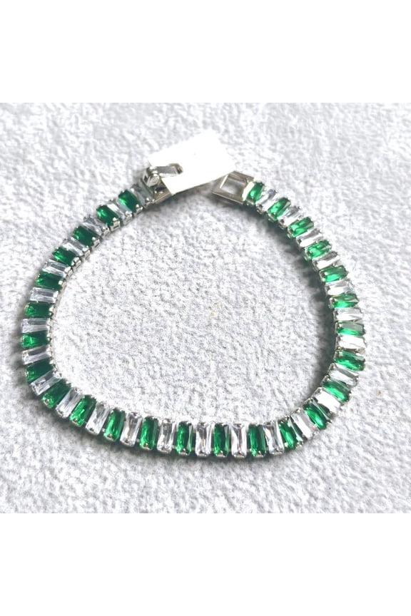 Radiant Baguette Cut Green Emerald Lab-Created Emerald & Diamond Tennis Bracelet 14K White Gold Plated Diamond Bracelet Size 7.5" Inch 925 Silver