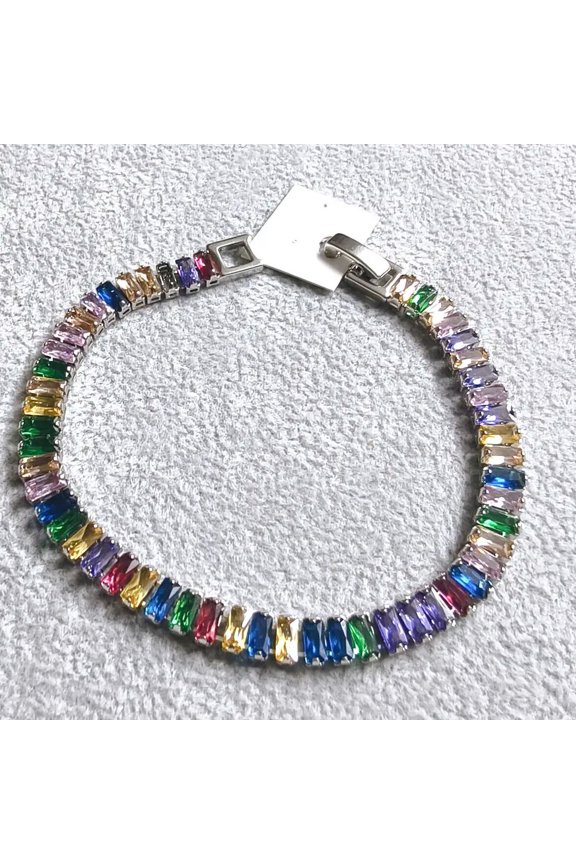 Radiant Baguette Cut Multi Color Lab-Created Gemstone Diamond Solitaire Tennis Bracelet 14K White Gold Plated Diamond Bracelet Size 7.5" Inch 925 Silver