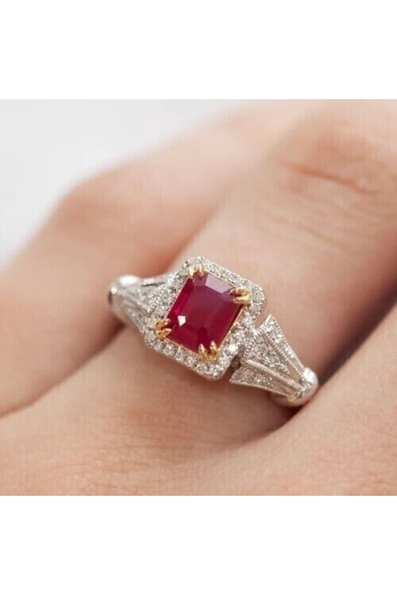 Women's Ruby Ring 3Ct Emerald Cut Simulated Diamond Engagement 14K Two Tone Gold Plated