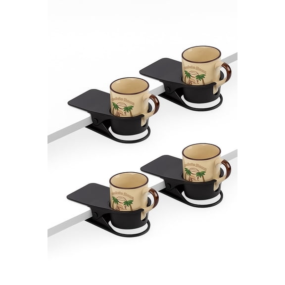 4 Pack Clip On Desk Cup Holder Clamp – Anti Spill Drink Holder for Coffee Mug, Water Bottle & Tumblers – Clamp Cup Holder for Desk, Gaming Setup, Office, Bedside Table, RV & Cruise Cabin