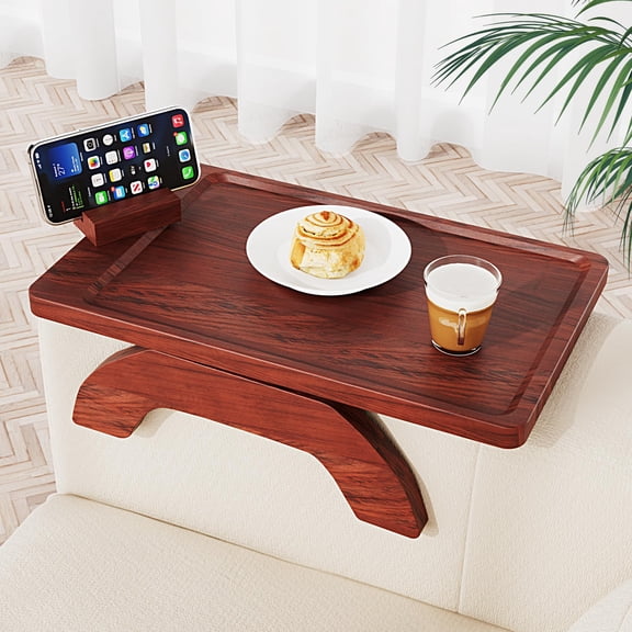Aisle 3 Essentials Folding Couch Arm Tray Table with 360 Rotating Phone and Tablet Mount, Clamp-On Sofa Side Table with Anti-Slip Grip, Fits 2-12 in. Roll, Track, Sloped and Cushioned Arms, Brown