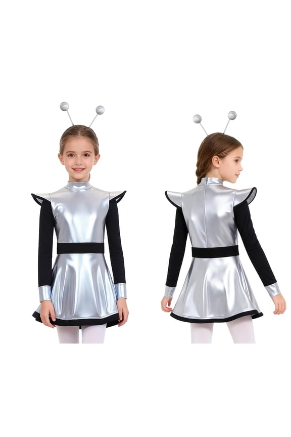 2Pcs Girls Alien Metallic Gloss Built-in Shorts Dress Matched Hair Hoop Party Silver 16