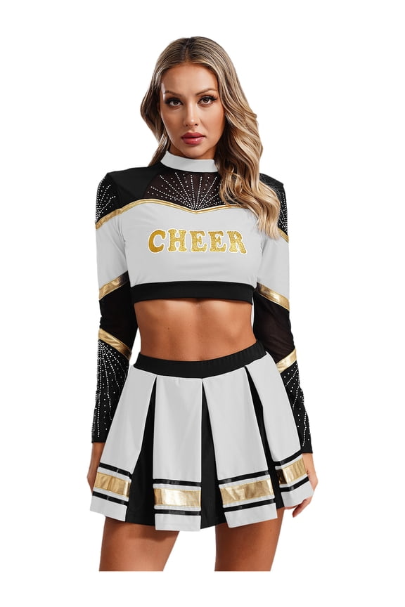 2Pcs Women Cheer Leader Outfit Long Sleeve Sequins Crop Top Skirt Set Schoolgirl Cheer Uniform White M