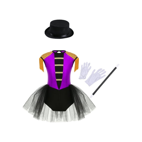 Aislor 4Pcs Girls Magician Drummer Costume Kids Carnival Party Tutu Dress Leotard Performance Suits Purple 10