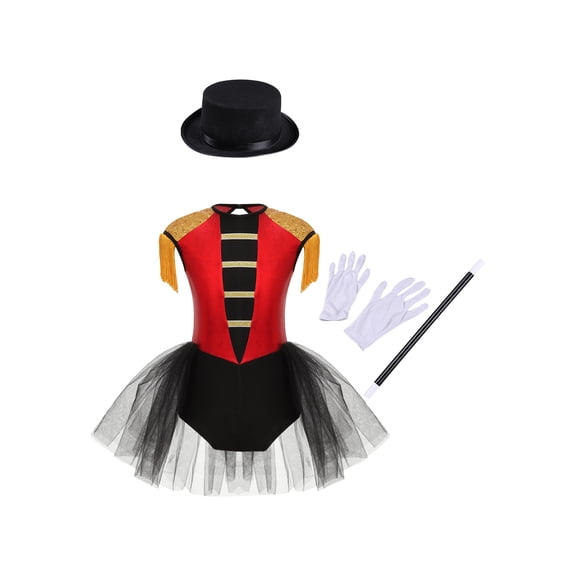 Aislor 4Pcs Girls Magician Drummer Costume Kids Carnival Party Tutu Dress Leotard Performance Suits Red 6