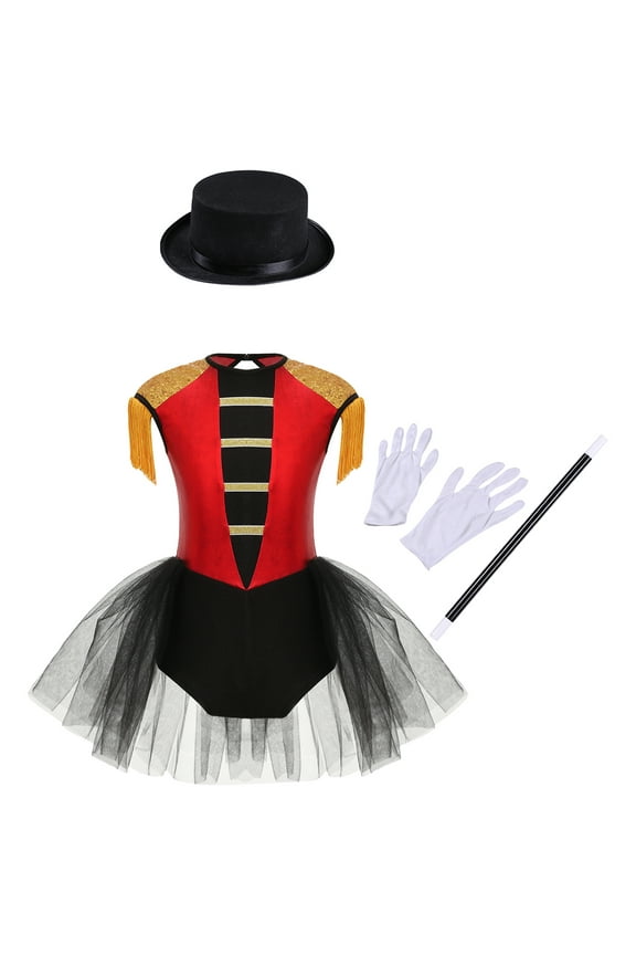 4Pcs Girls Magician Drummer Costume Kids Carnival Party Tutu Dress Leotard Performance Suits Red 8