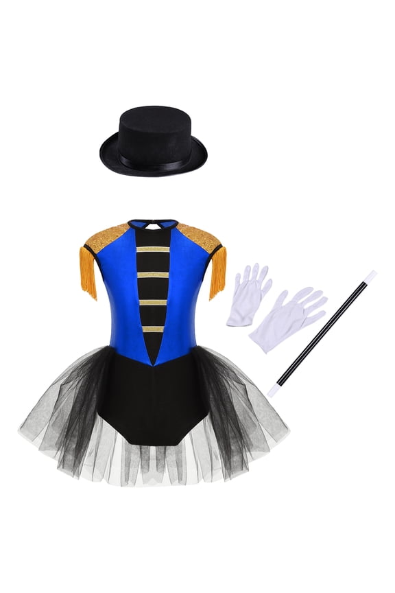4Pcs Girls Magician Drummer Costume Kids Carnival Party Tutu Dress Leotard Performance Suits Royal Blue 8