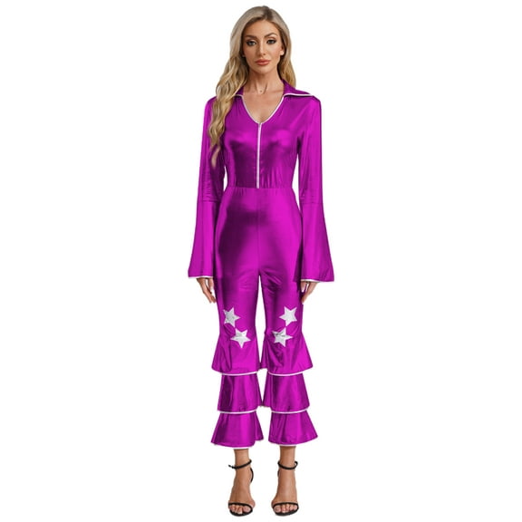 Aislor 70s Jumpsuit for Women Disco Costume Long Flared Sleeves Movie Star Flare Dance Hippie Rompers Purple 4XL
