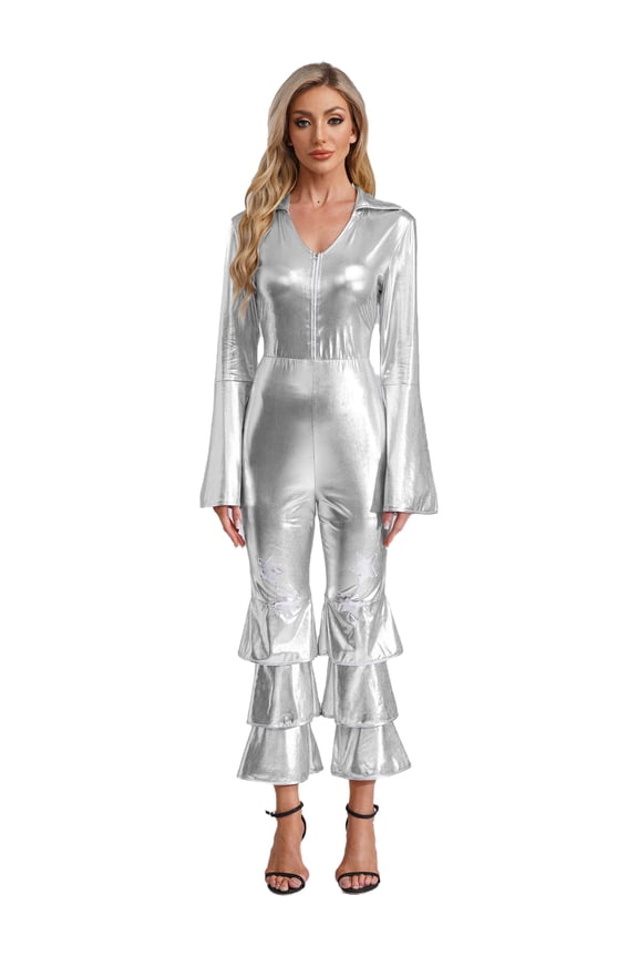 70s Jumpsuit for Women Disco Costume Long Flared Sleeves Movie Star Flare Dance Hippie Rompers Silver S