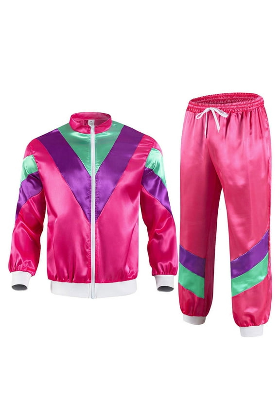 80s Tracksuit for Women Retro Windbreaker Outfit 90s Stand Collar Sportswear Set Jacket Coat and Pants Hot Pink M