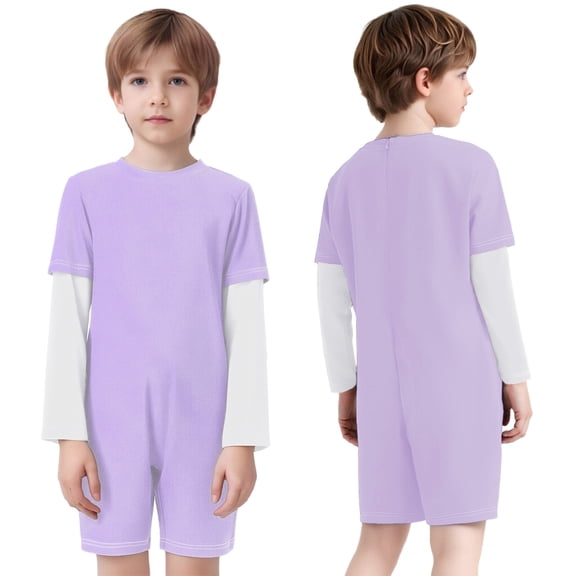 Aislor Adaptive Clothing for Kids Special Needs Jumpsuit Color Block Long Sleeve Anti-Strip Romper with Back Zipper Lavender White 6