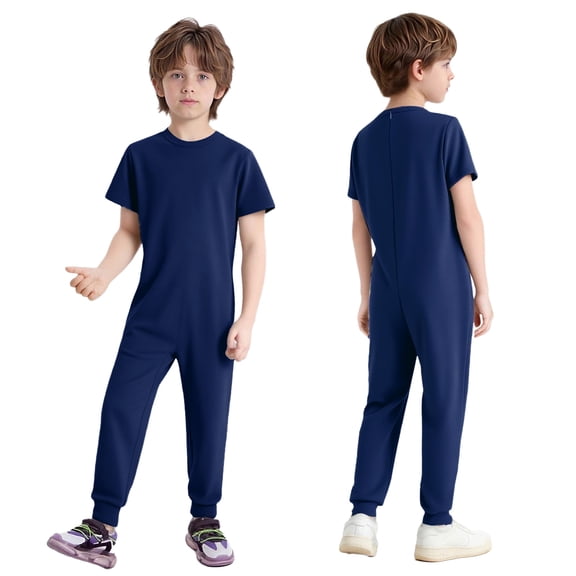 Aislor Adaptive Clothing for Special Needs Boys Short Sleeve Anti-Strip Jumpsuit Autism Sensory Long Leg Romper Navy Blue 8