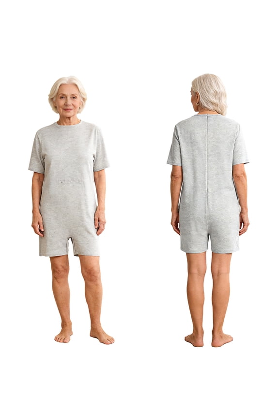 Adaptive Clothing for Women Men Anti-Strip Back-Zip Short Romper Elderly for Special Needs and Disabilities Grey XS