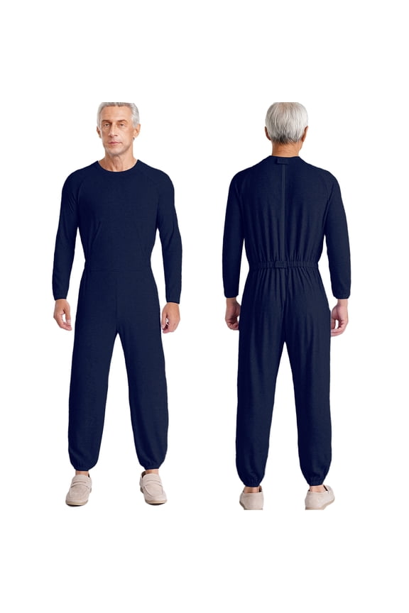 Adult Adaptive Dementia Clothing Back Zip Anti-Strip Jumpsuit for Alzheimers Elderly Men and Special Needs Dark Blue M