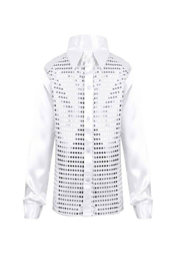 Kids Boys Long Sleeve Shiny Sequined Shirts Latin Jazz Dancewear Boys Stage Performance Costumes Fancy Shirt Tops