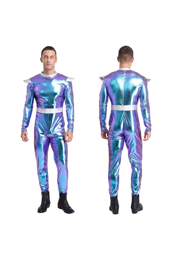 Alien Cosplay Jumpsuit Men Space Long Sleeves High Waist Metallic Bodysuit for Halloween Parties Blue M