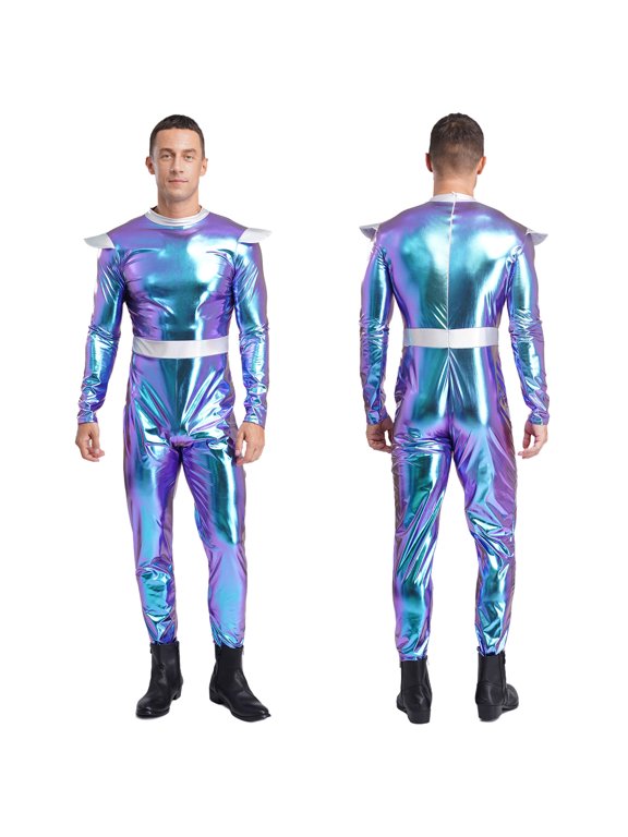 Alien Cosplay Jumpsuit Men Space Long Sleeves High Waist Metallic Bodysuit for Halloween Parties Blue XXL
