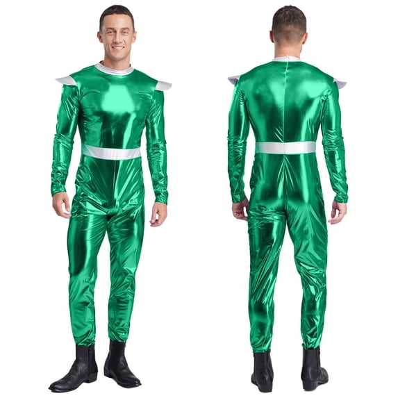 Aislor Alien Cosplay Jumpsuit Men Space Long Sleeves High Waist Metallic Bodysuit for Halloween Parties Green M