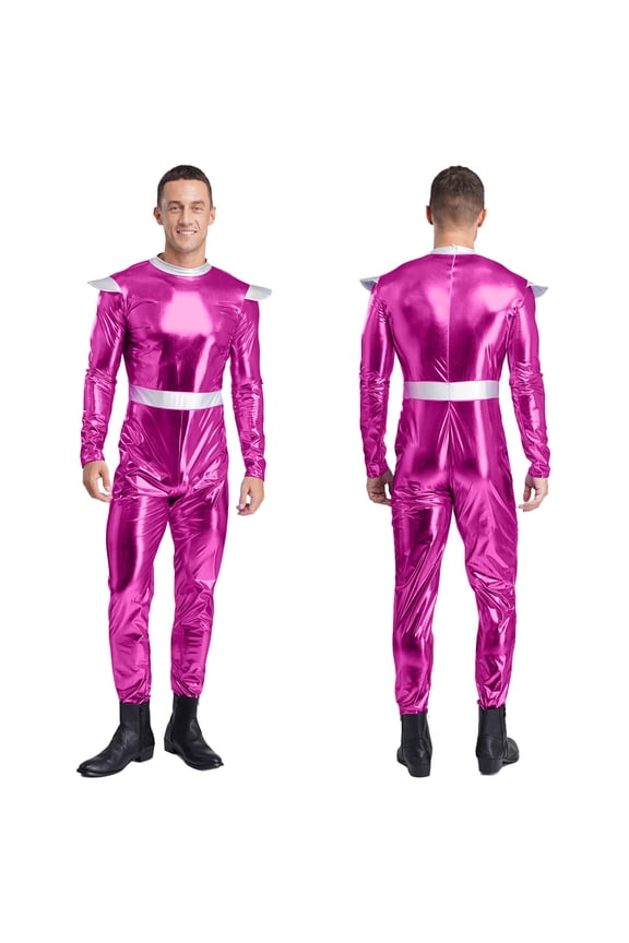 Alien Cosplay Jumpsuit Men Space Long Sleeves High Waist Metallic Bodysuit for Halloween Parties Hot Pink 3XL
