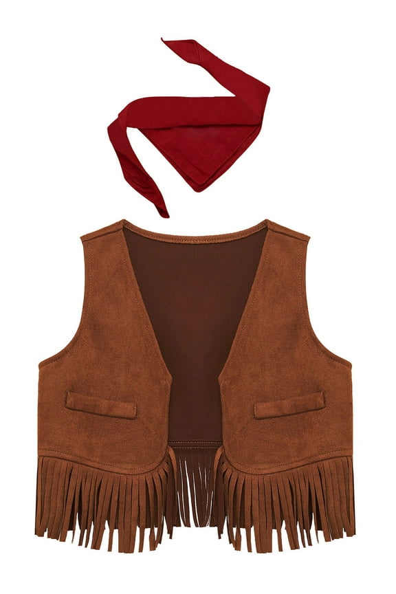 Baby Boys Sleeveless Suede Tassels Cowboy Vest with Bandanna for Cosplay Party Wear Brown 3-6M