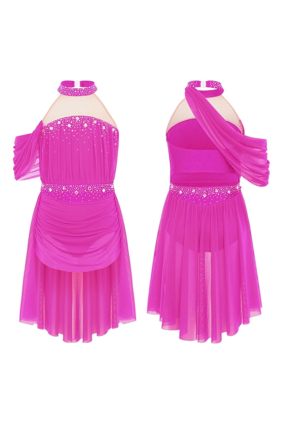 Ballet Skirted Leotard for Girls Halter Lyrical Dance Dress Figure Ice Skating Ballroom Dancewear Hot Pink 6