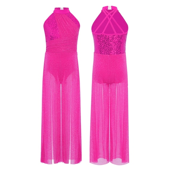 Aislor Big Girls Mesh Split Wide-Leg Bodysuit Sequins Bodice Figure Skating Jumpsuit Gymnastics Leotard Hot Pink 14