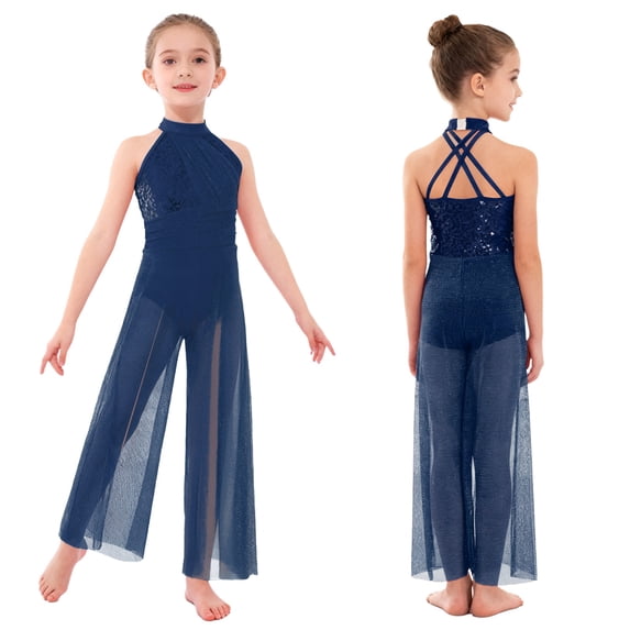 Aislor Big Girls Mesh Split Wide-Leg Bodysuit Sequins Bodice Figure Skating Jumpsuit Gymnastics Leotard Navy Blue 12